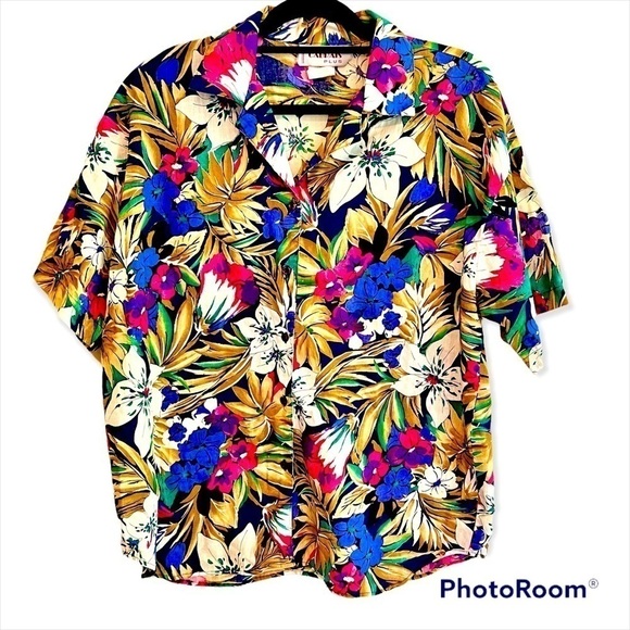 🌐 CABRAIS PLUS FLORAL HAWAIIAN BUTTON DOWN BLOUSE VINTAGE - Picture 1 of 1